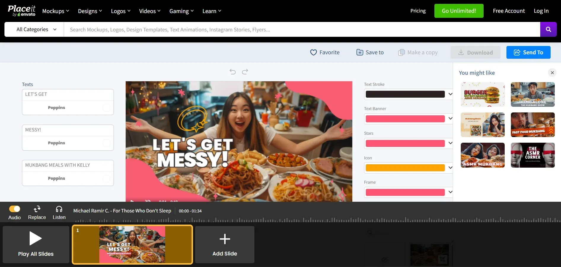 Placeit video editor interface showing a mukbang intro template with text customization and slide timeline.